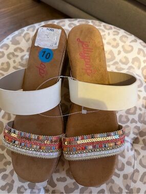 Jellypop Cream Slide Sandals with Multicolor Beaded Toe Strap